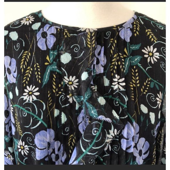 Banana Republic M Boho Blouse Floral Ruffle Pleats Medium Black Blue Green Daisy - Picture 2 of 8